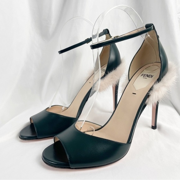 Fendi Mink Fur Trimmed Open Toe Leather Heels Green EU 39 - Picture 8 of 11
